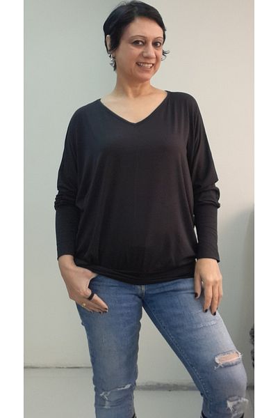 Mertcan Butik Black Cuff on the Sleeve and Hem Cuff V-Neck Bat Sleeve Long Sleeve Combed Viscose T-Shirt