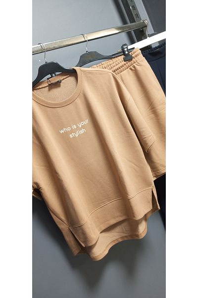 AKŞEN GİYİM Set de pantaloni scurți pentru femei, 100% bumbac, cu trei fire, buzunare, cu mâneci scurte, în față, în față, în partea de jos
