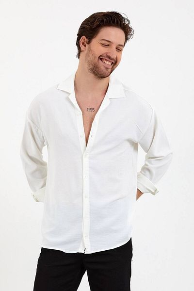outer moda Men's White Oversize Textured Aerobin Linen Shirt