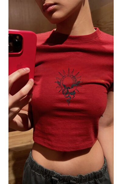 Bravebell Red Snake Sun and Moon Model Women's Crop Body T-Shirt