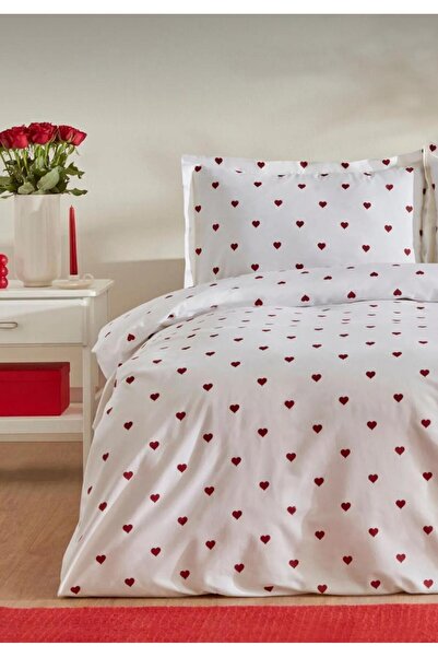 Sheri Home Yeni Kırmızı Kalpli Çift Kişilik 1 Adet Nevresim+2 Adet Yastık Kıl...