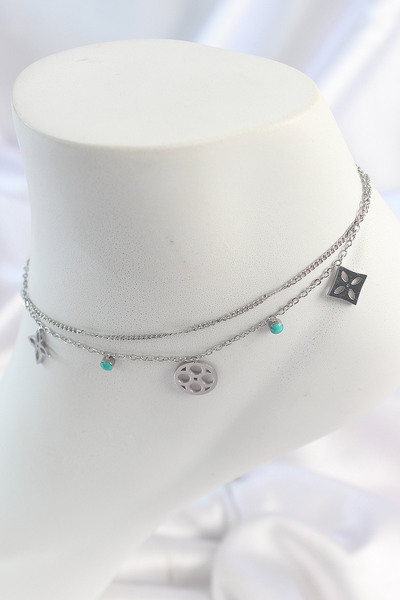 SeyCey.co 316L Steel Silver Color 2 Piece Chain Dream Catcher Figure Blue Stone Detail Women's Anklet