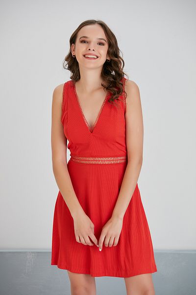 MAMAYAGA Women's V-Neck Textured Summer Waist Detail A-Line Pomegranate Flower Sport Stylish Zipper Strap Design Dress