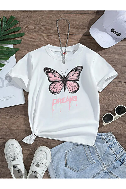 Eysaah Μπλουζάκι Premium με στάμπα Pink Butterfly Dreams για κορίτσια με γιακ...
