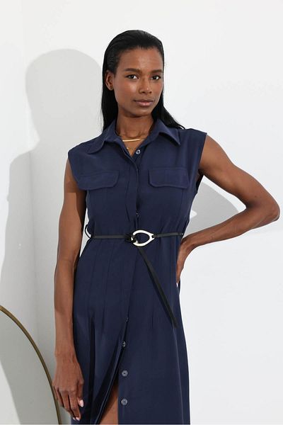 5in1Canpolat Navy Blue Belted Zero Sleeve Shirt Dress 8130