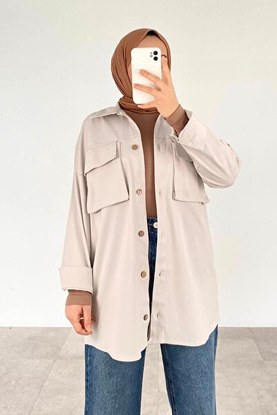 lamelif Gray Closed Two Pocket Plank Button Shirt
