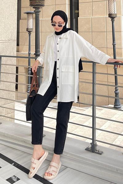lamelif Two-Pocket Covered Wooden Button Shirt Ecru