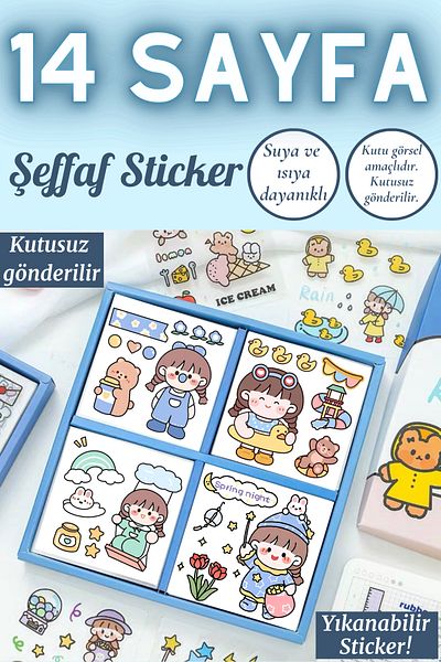 sanatıbedi 14 Sheets Transparent Cute Water Resistant Sticker Set - Notebook Laptop Phone Water Bottle Sticker