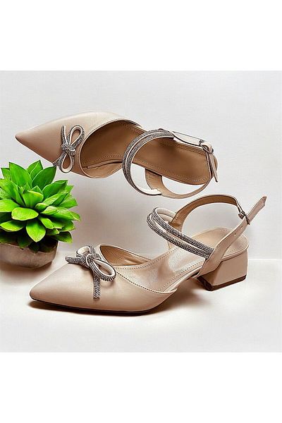 KAFKASLAR AYAKKABI Stone Detailed Pointed Toe Short Heel Daily Evening Dress Shoes