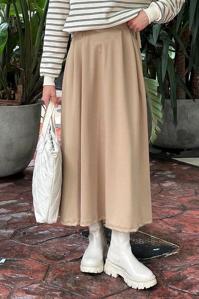 lamelif Scuba Fabric μπεζ με πλισέ μπροστά