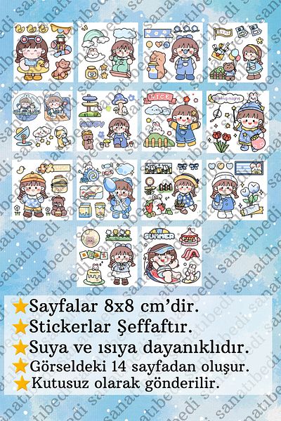 sanatıbedi 14 Sheets Transparent Cute Water Resistant Sticker Set - Notebook Laptop Phone Water Bottle Sticker