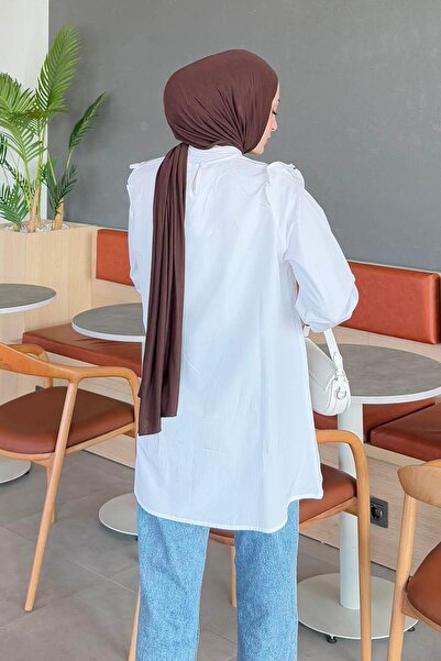 lamelif White Crew Neck Shoulder Ruffle Tunic