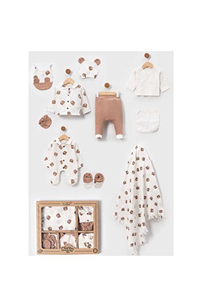 BEBLY طقم من 10 قطع من نسيج القطن العضوي مع دمية دب للخروج من المستشفى