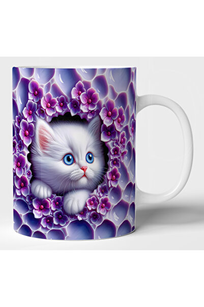 rk tasarım Cute Cat Themed 3D Effect Mug with Purple Flowers - Cat Mug