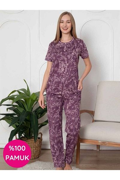 ALİMER Women's Flower Pattern Crew Neck 3 Buttons Short Sleeve Pocket Pajama Set