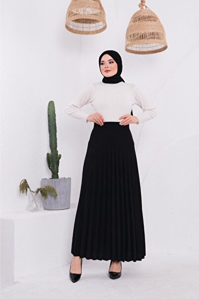 ZEHRA GİYİM Fusta plisată evazată Skuba Crepe Neagră