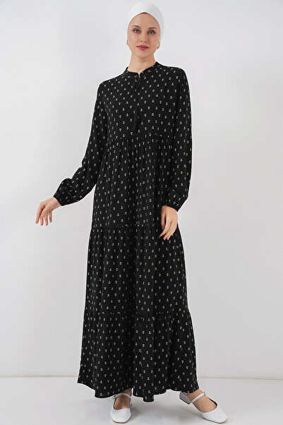 Bigdart 1627 Yaka Bağcıklı Tesettür Elbise - Siyah