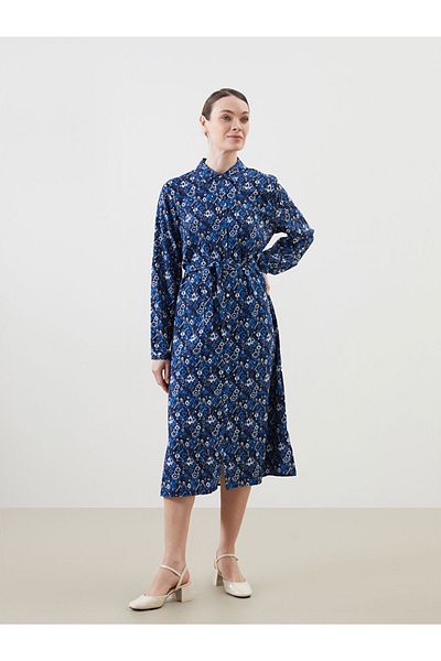 LC Waikiki Navy Blue Patterned Linen Blend Women's Shirt Dress