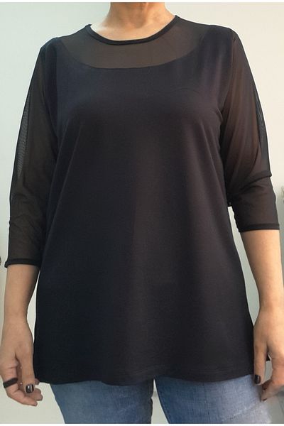 Mertcan Butik Black Collar and Sleeves Tulle Detailed Three-Quarter Sleeve Combed Viscose T-Shirt