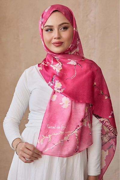 Merve Nayir Van Gogh Pattern Double Sided Imported Voile Silk Shawl 75 X 190 cm