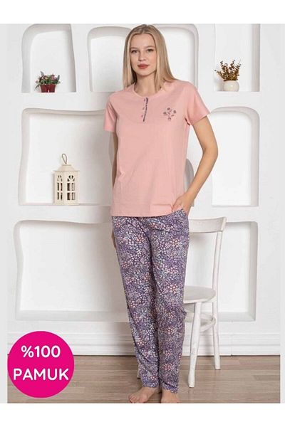 ALİMER Women's Flower Pattern Crew Neck 3 Buttons Short Sleeve Pocket Pajama Set