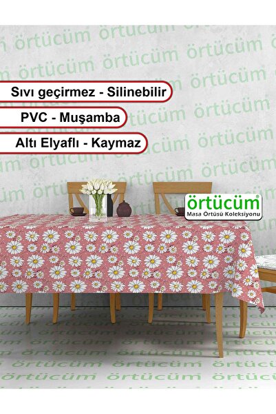 Örtücüm Pvc Muşamba Mutfak Masa Örtüsü Papatya Desenli Elyaflı Silinebilir Leke Tutmaz Sıvı Geçirmez Pembe