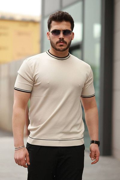 ROBERTO BORNOVA Πλεκτό μπλουζάκι από πολυαμίδιο με ριγέ λαιμόκοψη
