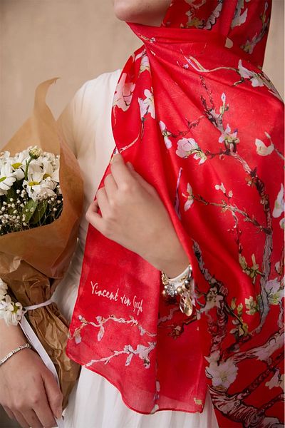 Merve Nayir Van Gogh Pattern Double Sided Imported Voile Silk Shawl 75 X 190 cm
