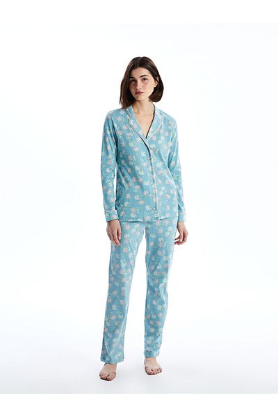 LC Waikiki Set de pijamale de damă cu guler de cămașă albastră