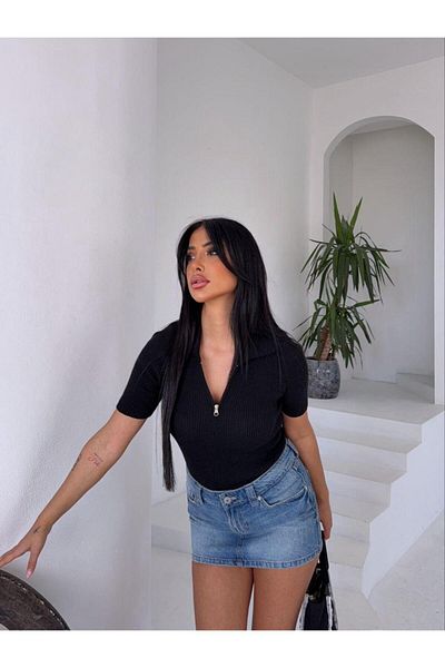 Cistern İstanbul Women's Black Zipper Detailed Short Sleeve Ribbed Knitwear Blouse