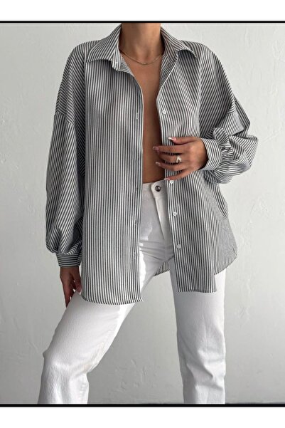 Butik Merrline Women's Gray Premium Top Quality Fabric Comfortable Striped Oversize Balloon Sleeve Shirt Wide Fit