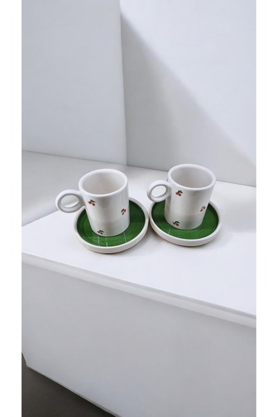 seda seramik Handmade 4 Piece Cherry Pattern Coffee Cup Set for 2 People 100 Ml.