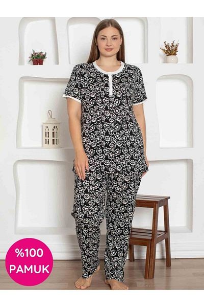 ALİMER Women's Flower Pattern Crew Neck 3 Button 100% Cotton Combed Thin Summer Short Sleeve Pajama Set