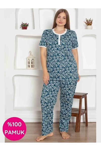 bie's Women's Flower Pattern Crew Neck 3 Button 100% Cotton Combed Thin Summer Short Sleeve Pajama Set