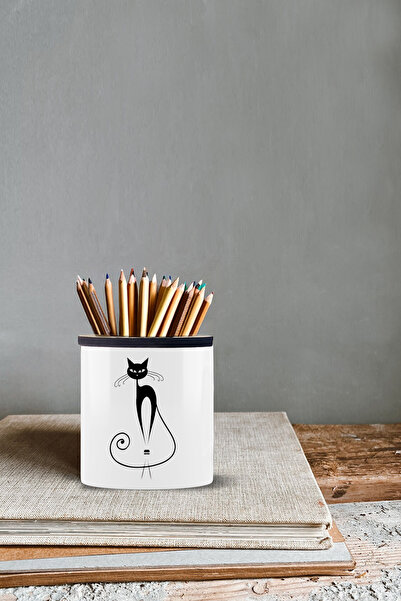 bymat Držač olovke | Crni mačka dizajn | Keramika | Visina 9cm | Dvostrano št...