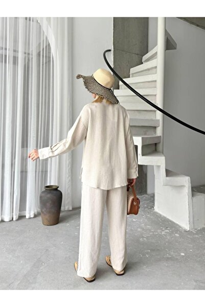 Cistern İstanbul Women's Cream Stripe Detailed Shirt, Pants and Linen Set