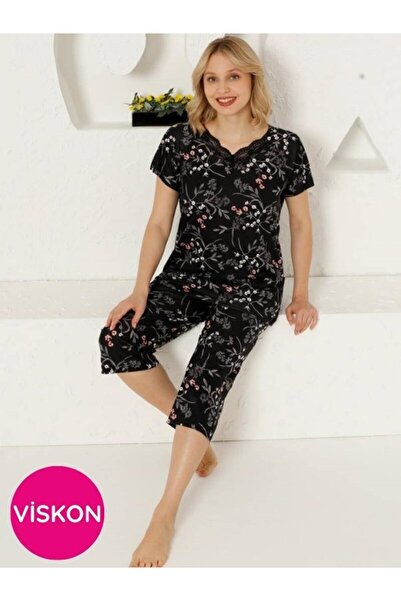 ALİMER Жіночий чорний квітковий візерунок з мереживною обробкою, віскозний ко...