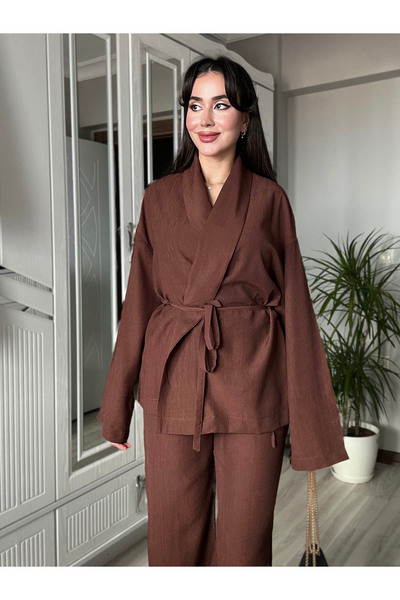 AB LOOKS Women's Waist Belted Kimono and Pants Two-Piece Set Crinkle Fabric Tirl Bottom Top Set