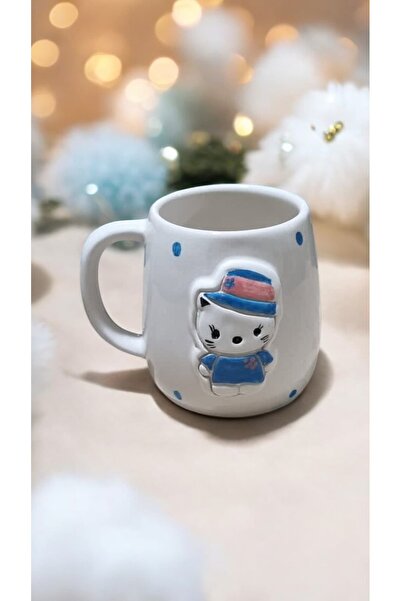 seda seramik EL YAPIMI KABARTMALI ŞAPKALI HELLO KITTY FİGÜRLÜ KUPA BARDAK 400 ML