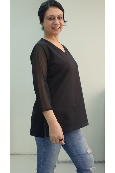 Mertcan Butik Black V-Neck Sleeve Tulle Three-Quarter Sleeve Combed Viscose T-Shirt