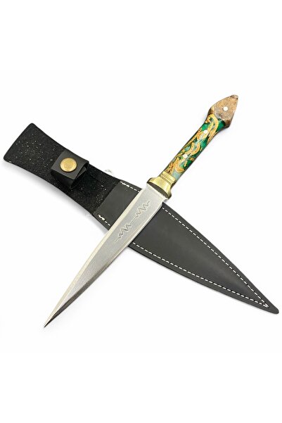 Mizan Outdoor Çerkes Kaması Bıçak El Yapımı Çift Ağız Kamp Av Kılıflı Epoksi Yeşil- Kişiye Özel İsim