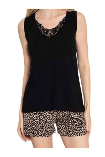 bie's Set de pijamale cu bretele din bambus, cu model leopard negru, cu detaliu din dantela