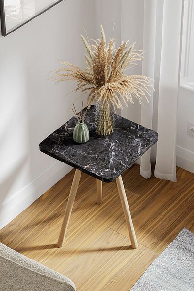 interGO 1 Pieces Coffee Table Wooden Legs Square - Black Marble Pattern