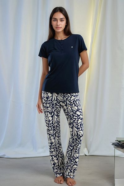 Pierre Cardin Women's Button Short Sleeve T-Shirt Print Long Pants Pajama Set