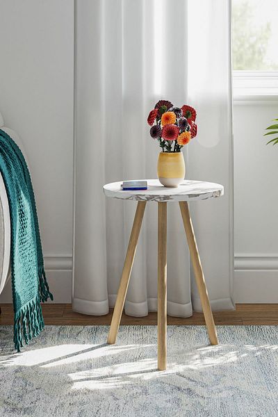interGO 1 Pieces Coffee Table Wooden Legs Round - White Marble Pattern