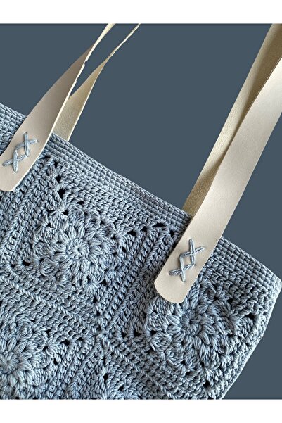MELUSH Geantă de tricotat cu mâner din piele cu motiv albastru deschis Geantă de umăr