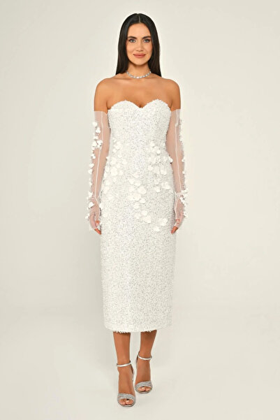 ALFABETA KADIN ABİYE STRAPLEZ KALP YAKA TÜL ELDİVENLİ PAYET MİDİ ELBİSE