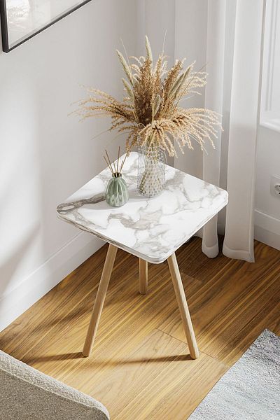 interGO 1 Pieces Coffee Table Wooden Legs Square - White Marble Pattern