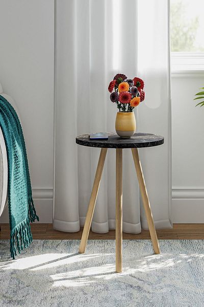 interGO 1 Pieces Coffee Table Wooden Legs Round - Black Marble Pattern