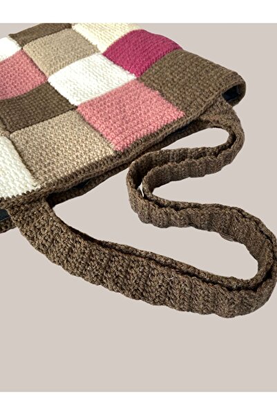 MELUSH Brown and Pink Checkered Knitted Bag Knitted Tote Bag Large Shoulder Bag